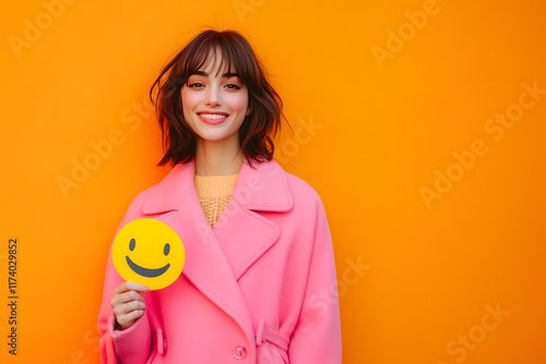 Happy girl holding piece of paper with blue emoji, isolated on orange background. Blue monday concept. 
 photo