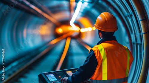 Soft focus and blurred lighting background of focus at engineer or technician control. Underground tunnel infrastructure. Transport pipeline by Tunnel Boring Machine for electric train subway photo