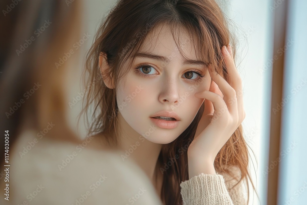 Worried Young Asian Woman Examining Dark Circles Symptoms in the Mirror Worried Young Asian Woman Examining Dark Circles Symptoms in the Mirror