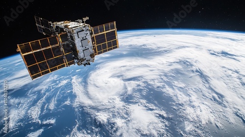 Satellite orbits Earth with hurricane. photo