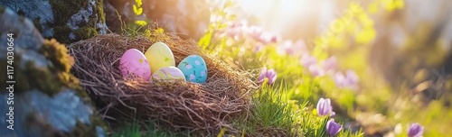 A sunny springday scene with easter eggs hidden in grass, complete with a decoration banner and a panoramic background photo