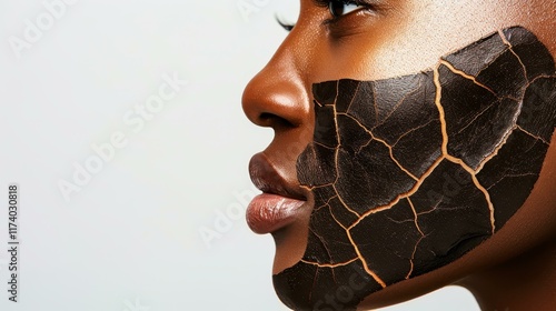 A striking portrait of a woman adorned with unique cracked black clay, showcasing beauty and resilience in her features. photo