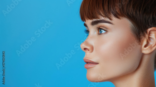 A serene young woman gazes thoughtfully offcamera, her profile contrasting beautifully against a blue backdrop. photo