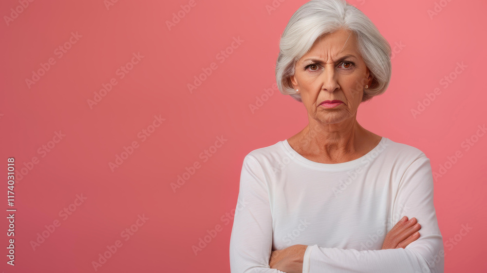 A solemn portrait of an elderly woman, capturing a moment of reflection against a soft pink backdrop with ample space. A solemn portrait of an elderly woman, capturing a moment of reflection against a soft pink backdrop with ample space.