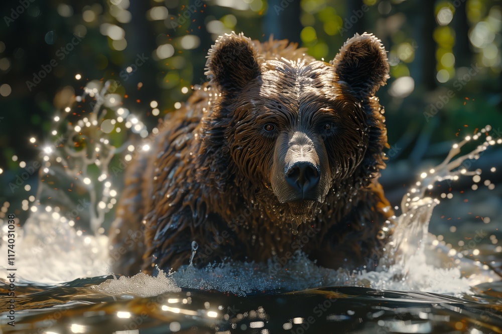 A majestic bear splashes through a serene water scene, surrounded by lush greenery in a vibrant forest. A majestic bear splashes through a serene water scene, surrounded by lush greenery in a vibrant forest.