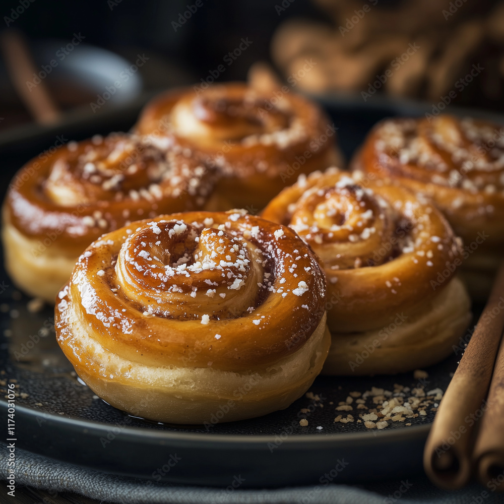 Cinnamon rolls with powdered sugar on dark plate Cinnamon rolls with powdered sugar on dark plate