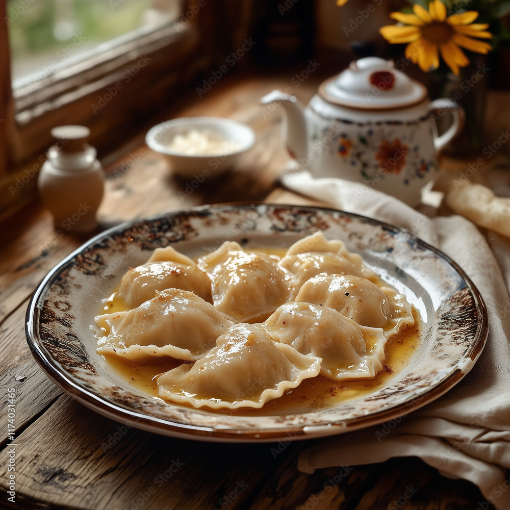 Savory dumplings served on rustic plate Savory dumplings served on rustic plate