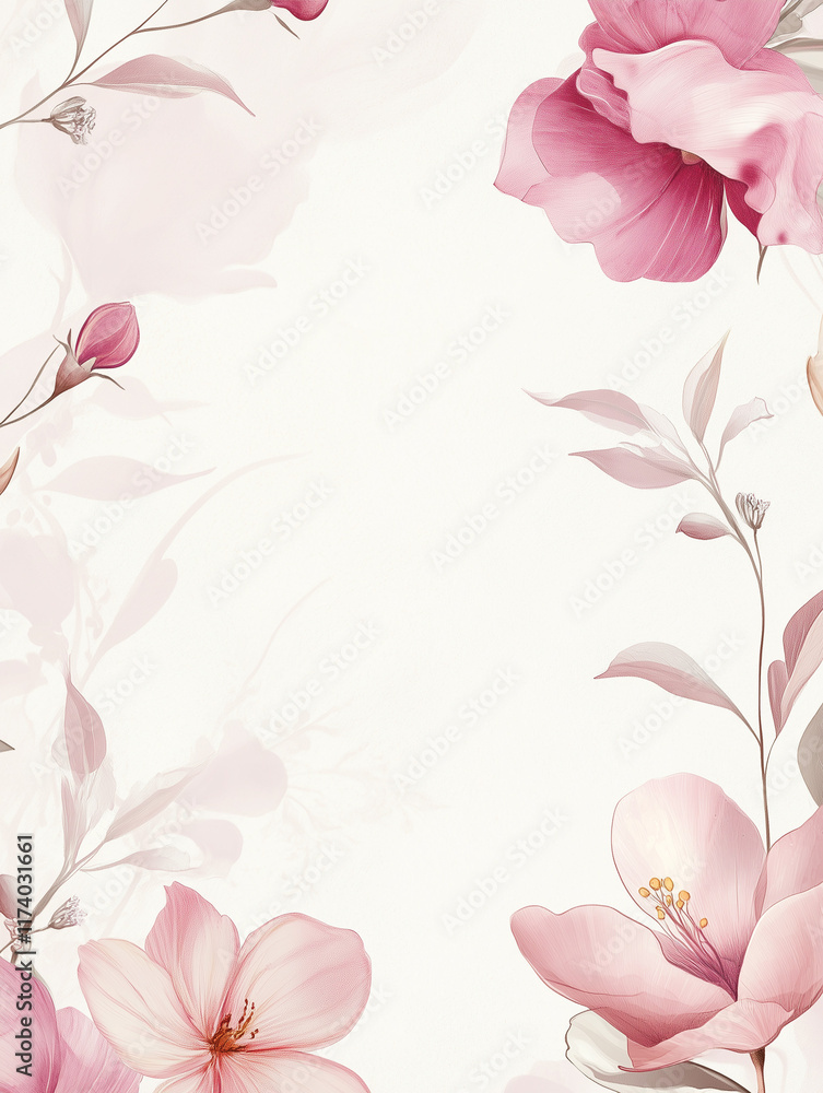 Obraz premium Floral illustration with pink flowers on soft cream background