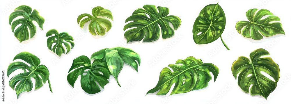 A flat lay showcasing isolated green monstera palm and tropical plant leaves against a clean white background for use in design A flat lay showcasing isolated green monstera palm and tropical plant leaves against a clean white background for use in design