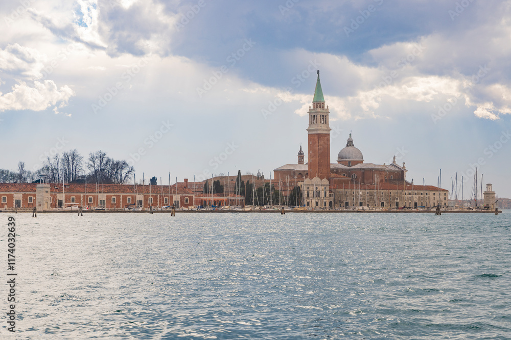 Fototapeta premium Italy, Venice. Bell Tower of the Island of San Giorgio Maggiore. Church of San Giorgio Maggiore.