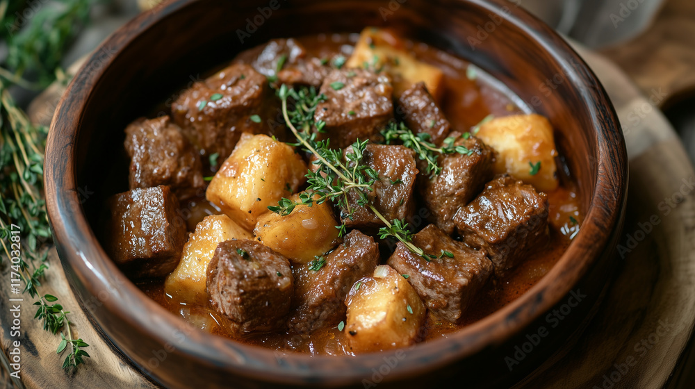 Delicious beef stew with potatoes and herbs in wooden bowl Delicious beef stew with potatoes and herbs in wooden bowl