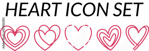 Red heart icon set, heart icon collection, outline style,