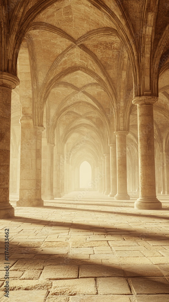 Obraz premium Light at end of long, arched hallway.
