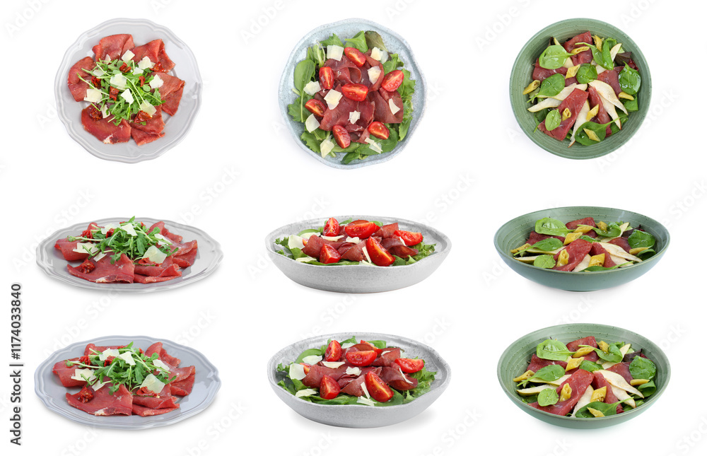 Delicious salads with bresaola isolated on white, collage. Top and side views Delicious salads with bresaola isolated on white, collage. Top and side views