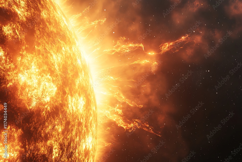 Fototapeta premium A close-up view of the sun's surface, showcasing solar flares and intense heat.