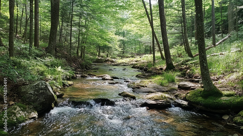 Fototapeta premium Forest stream flows over mossy rocks.