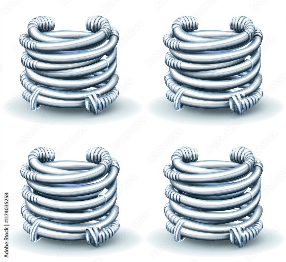 Flexibly designed 3D steel shapes of metallic spring coils, suitable for the heavy machine industry, with compressed chrome-coated elements, depicted in modern, realistic style illustrations. Flexibly designed 3D steel shapes of metallic spring coils, suitable for the heavy machine industry, with compressed chrome-coated elements, depicted in modern, realistic style illustrations.