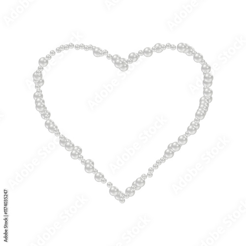 Realistic white pearls  Shiny oyster pearls for luxury accessories. Pearl necklace thread of pearls. Beautiful natural heart shaped jewelry. Png
