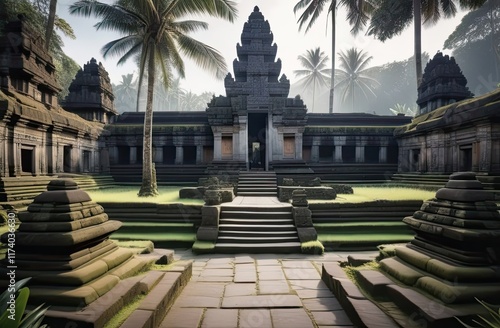 Ancient temple courtyard with stone structures and pathways, surrounded by tall palm trees and lush vegetation, evoking a peaceful and timeless spiritual ambiance photo