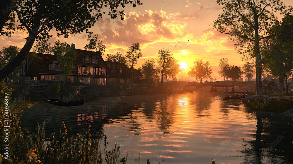 Fototapeta premium A serene sunset over a tranquil river with lush trees and charming houses.
