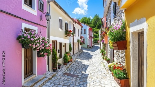 Fototapeta Naklejka Na Ścianę i Meble -  Cobblestone alley with pastel houses and flower boxes in a spring village
