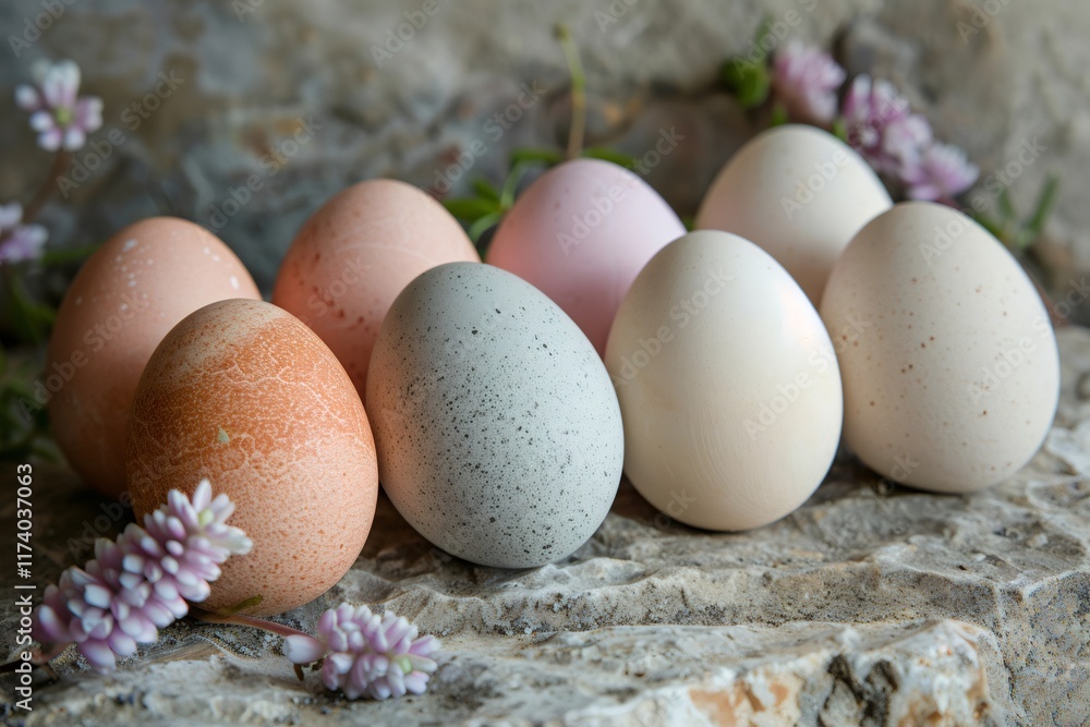 Eight colorful easter eggs lying on a stone with flowers Eight colorful easter eggs lying on a stone with flowers