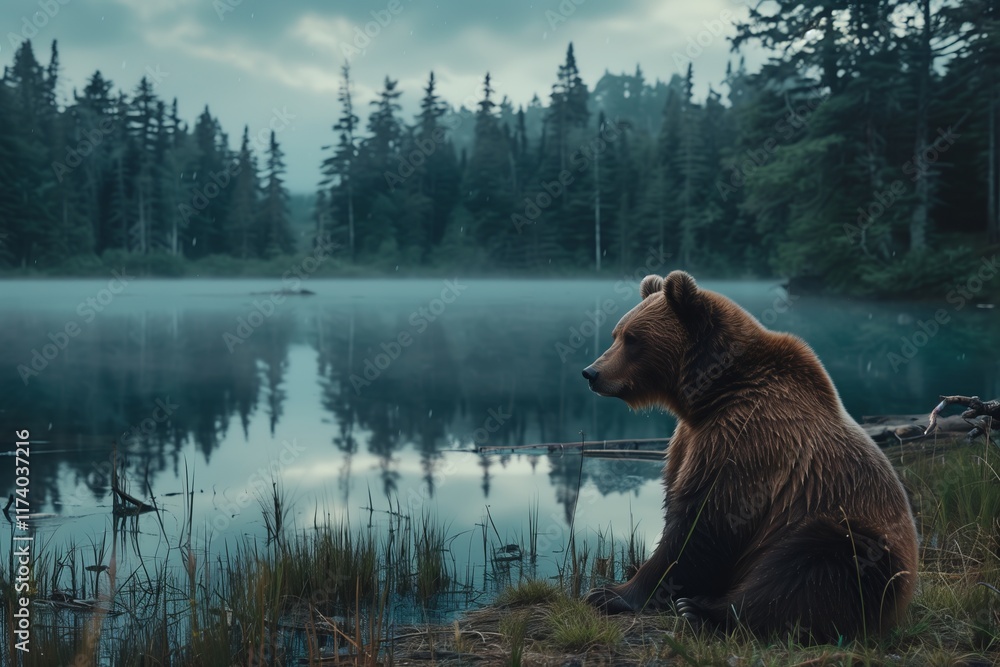 A serene bear by the tranquil waters, surrounded by tall trees and misty landscapes, capturing the essence of nature. A serene bear by the tranquil waters, surrounded by tall trees and misty landscapes, capturing the essence of nature.