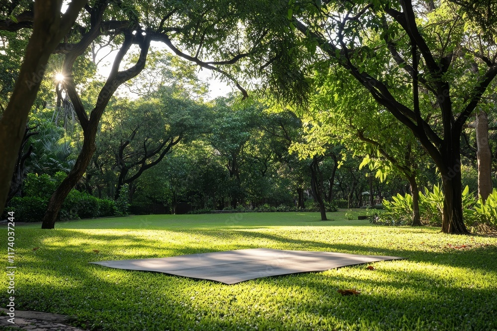 Flat surface lies on sun-dappled grassy lawn, shaded by trees. Flat surface lies on sun-dappled grassy lawn, shaded by trees.
