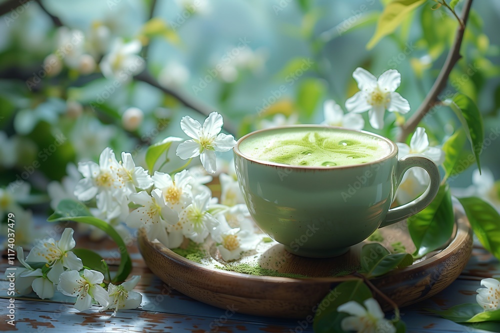 A serene cup of green tea surrounded by delicate white flowers, symbolizing tranquility and freshness. A serene cup of green tea surrounded by delicate white flowers, symbolizing tranquility and freshness.