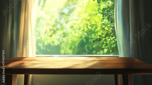 A wooden table stands empty in a room with a blurred curtain and a glimpse of vibrant greenery outside through the Glimpse. Illustration