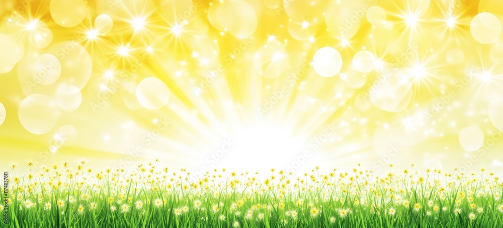 Obraz premium Springtime beauty unfolds with vibrant green grass and flourishing dandelions standing out against the lush trees in a garden.