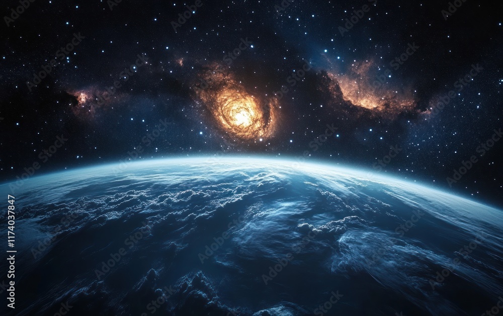 Fototapeta premium Surreal Cosmic Landscape with Vibrant Nebula and Earth Curvature in Deep Space Exploration