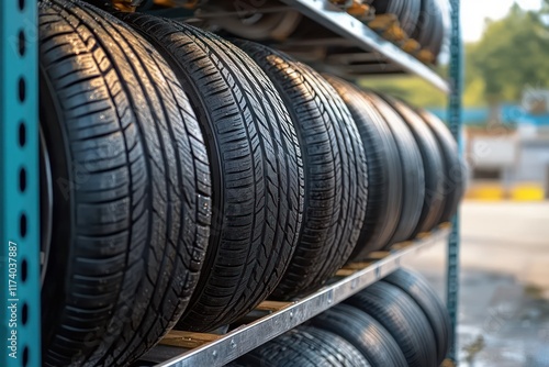 Stacked Tires on Metallic Rack photo