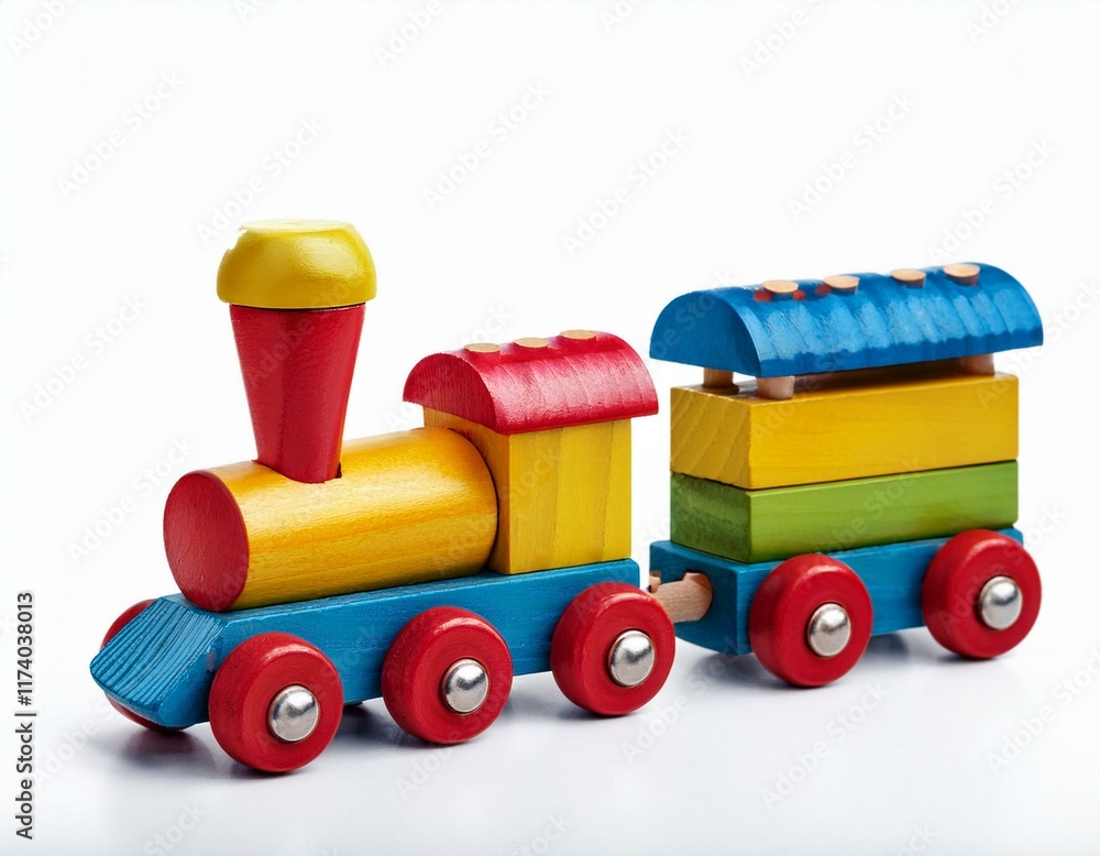 A colorful wooden train with detachable carriages, isolated on a white background. A colorful wooden train with detachable carriages, isolated on a white background.
