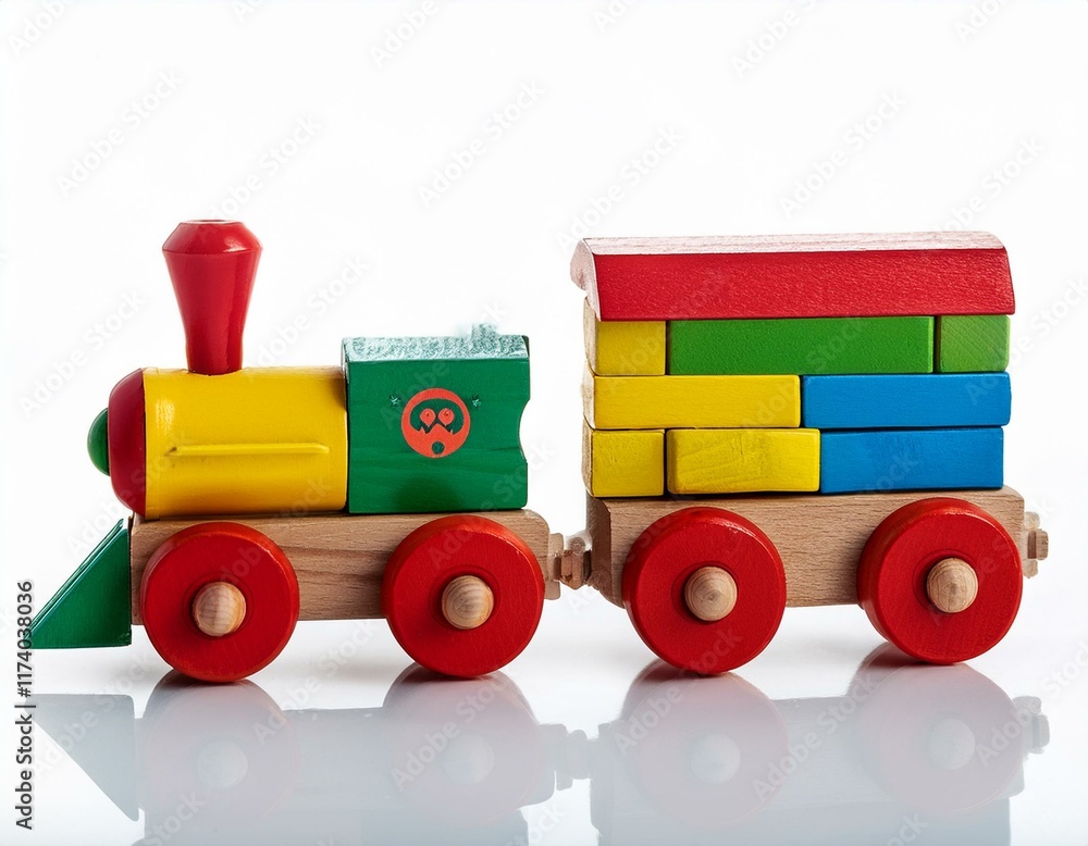 A colorful wooden train with detachable carriages, isolated on a white background. A colorful wooden train with detachable carriages, isolated on a white background.