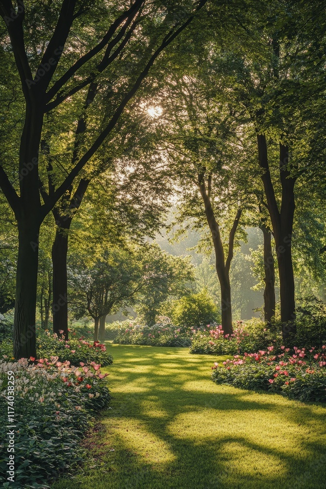 Sunlit garden path, flowers, tall trees, green grass. Sunlit garden path, flowers, tall trees, green grass.
