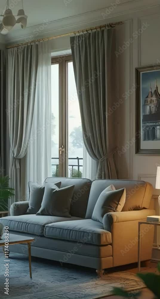 this room, capturing the details of the sofa, curtains, and lighting this room, capturing the details of the sofa, curtains, and lighting