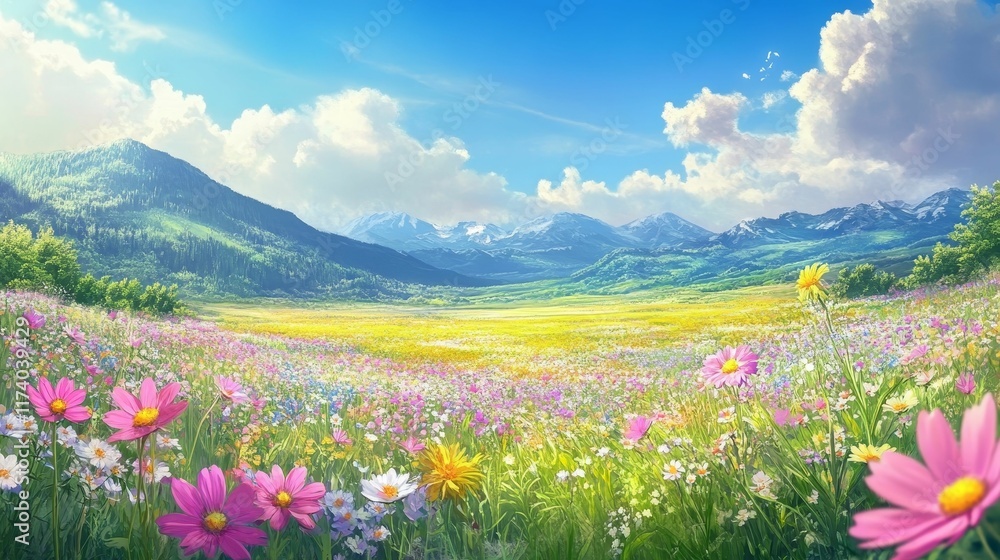 Fototapeta premium Vibrant wildflowers bloom in a sunny mountain meadow.