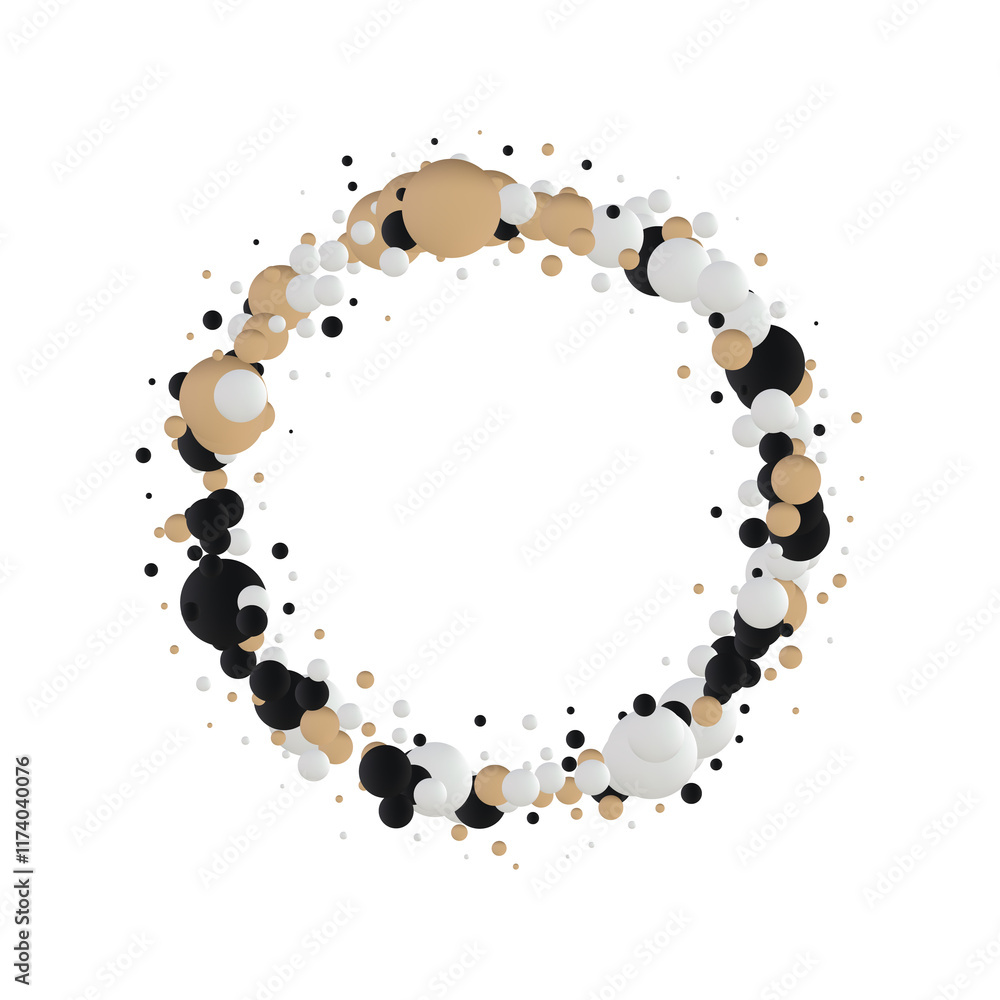 Obraz premium Background with render 3d golden, black and white balls. Round Sphere of geometric objects, pearl made of metal and plastic. Frame Png