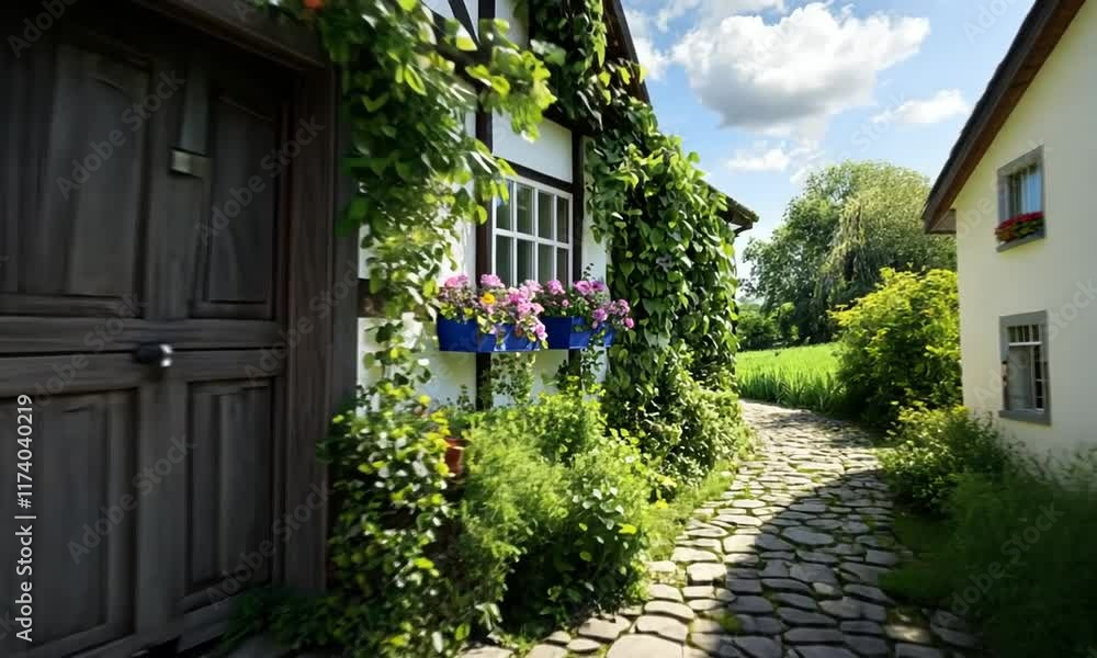 Charming pathway beside a quaint house adorned with flowers. Charming pathway beside a quaint house adorned with flowers.