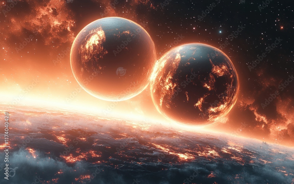 Cosmic Scene of Two Planets in Outer Space Stunning Digital Surrealism Art Cosmic Scene of Two Planets in Outer Space Stunning Digital Surrealism Art
