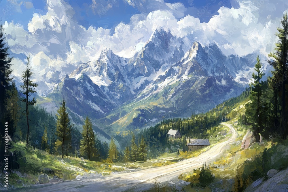 Mountain valley road, cabins, trees, snowy peaks. Mountain valley road, cabins, trees, snowy peaks.