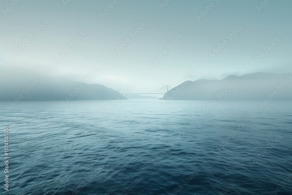 Naklejka premium A serene view of a foggy ocean landscape, showcasing calm waters and soft hues of blue and gray.