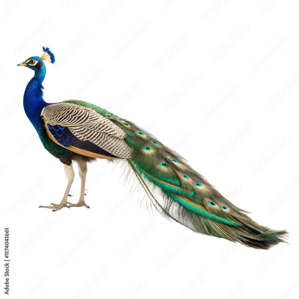 Fototapeta premium Colorful peacock standing, showcasing its majestic plumage.
