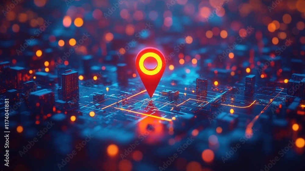Vibrant Cityscape Night with Neon Lights and 3D Map Pin Illustration Vibrant Cityscape Night with Neon Lights and 3D Map Pin Illustration