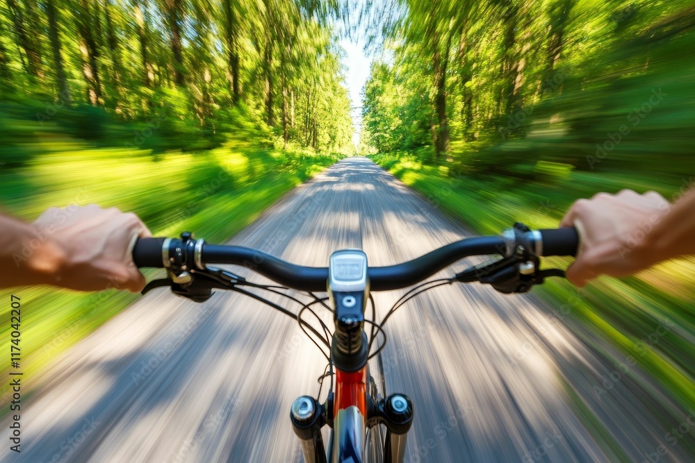 Fast bike ride through sun-drenched forest. Fast bike ride through sun-drenched forest.