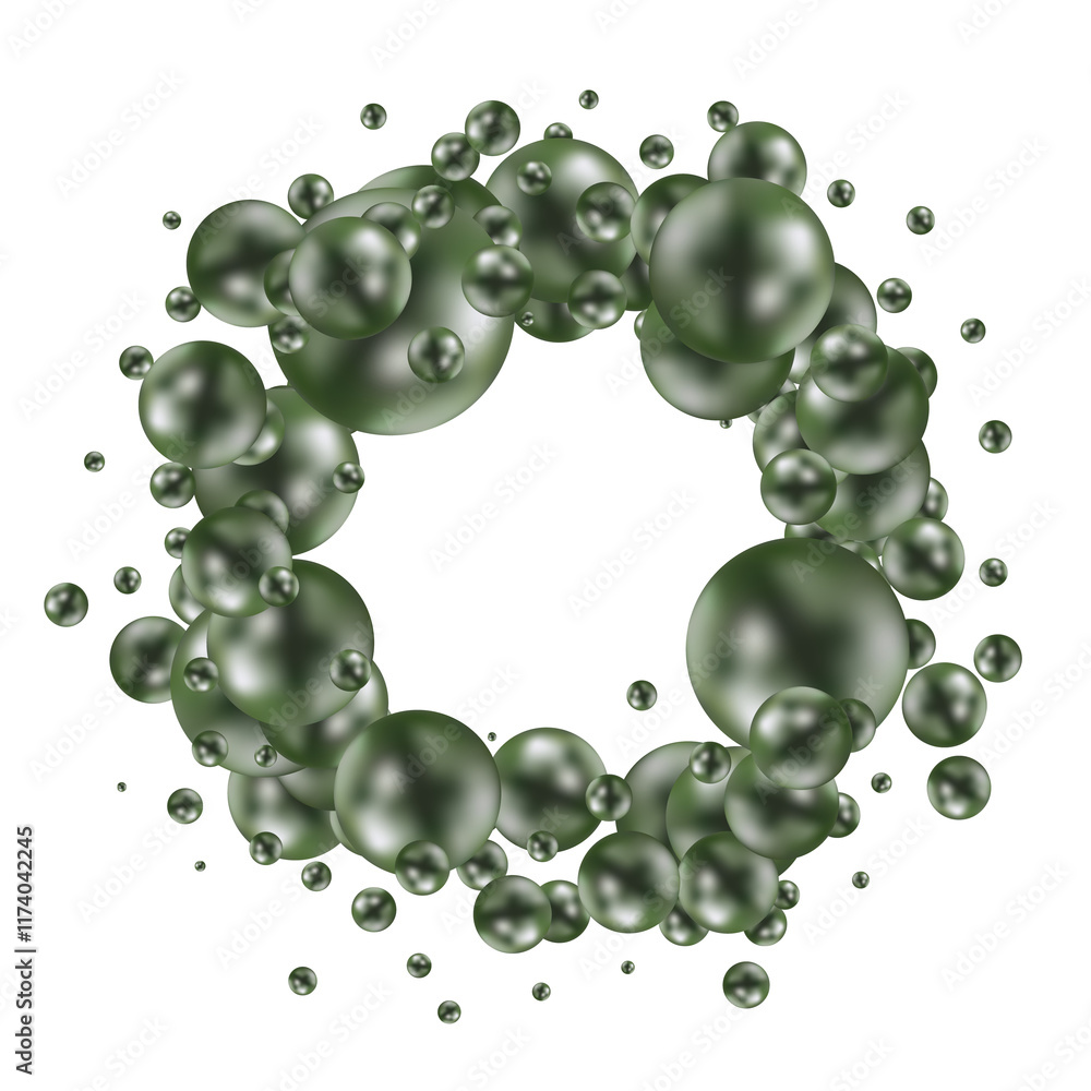 Fototapeta premium Abstract pattern with glass green balls or precious pearls. Glossy realistic ball. Png