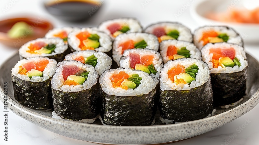 A beautifully arranged platter of sushi rolls featuring vibrant ingredients, perfect for sushi lovers and culinary enthusiasts. A beautifully arranged platter of sushi rolls featuring vibrant ingredients, perfect for sushi lovers and culinary enthusiasts.