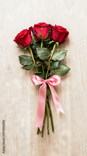 Elegant Bouquet of Red Roses with Pink Satin Ribbon on Wood Background. Concept of Love, Romance, Special Occasions, Botanical Beauty. Valentine's Day. Vertical