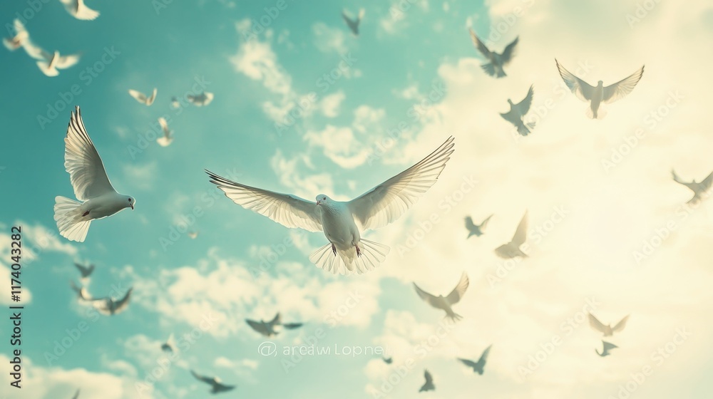 Obraz premium White birds soar, cloudy sky backdrop.